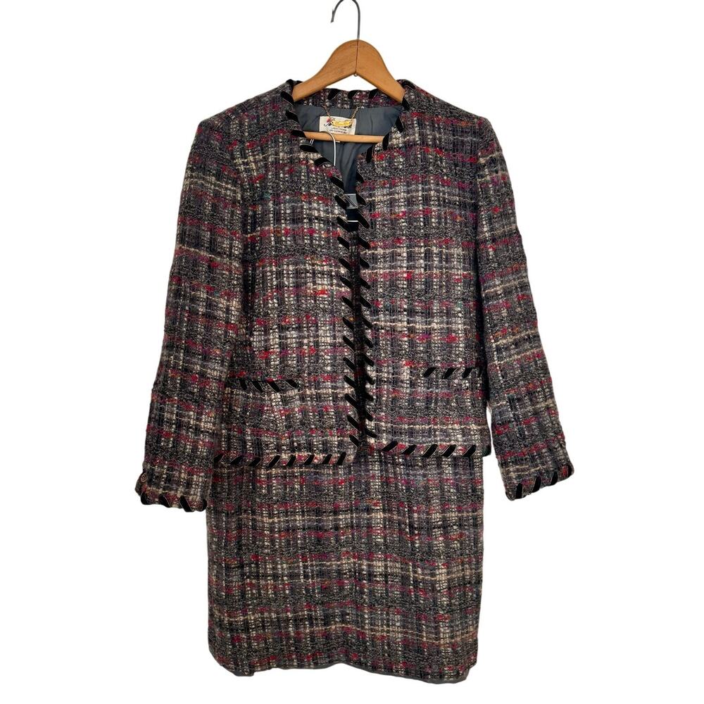 Boutique Echo Fashion tweed Skirt Suit Womens 14 vintage Multi Color Career EUC